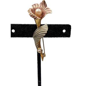 Vintage Gold & Rose Gold Calla Lily Brooch With Faux Pearls